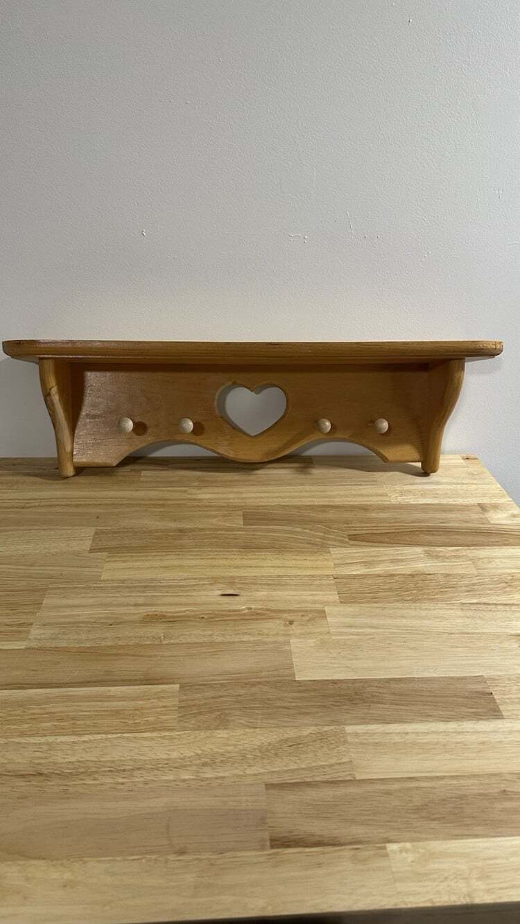 Vintage Rustic Wooden Wall Shelf  Heart Cutout Pegs 24” Cottagecore Farmhouse